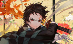 Rule 34 | 1boy, black hair, commentary request, earrings, fire, floral print, frown, gloves, holding, holding sword, holding weapon, japanese clothes, jewelry, kamado tanjirou, kimetsu no yaiba, long sleeves, looking at viewer, male focus, peach luo, red eyes, scar, scar on face, short hair, sword, v-shaped eyebrows, weapon, white gloves
