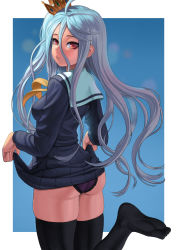 Rule 34 | 10s, 1girl, ass, blue hair, clothes lift, crown, from behind, lasterk, looking at viewer, looking back, no game no life, panties, sailor collar, school uniform, shiro (no game no life), skirt, skirt lift, solo, thighhighs, underwear
