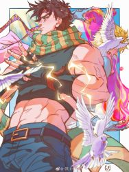 Rule 34 | 2boys, abs, absurdres, arm up, bare shoulders, battle tendency, belt, belt buckle, bird, blonde hair, blue gloves, blue jacket, brown hair, bubble, buckle, caesar anthonio zeppeli, chinese commentary, clenched hand, closed mouth, cloud, commentary request, crop top, cropped jacket, day, denim, dove, fingerless gloves, fist in hand, gloves, green eyes, hamon, headband, highres, jacket, jeans, jojo no kimyou na bouken, joseph joestar, joseph joestar (young), light smile, looking away, male focus, midriff, multiple boys, muscular, no headband, no headwear, pants, pink scarf, scarf, serious, short hair, signature, standing, striped clothes, striped scarf, watermark, zechuan