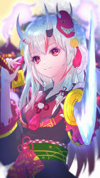Rule 34 | 1girl, aoi eno, black kimono, blurry, blurry background, commentary request, double bun, dual wielding, hair between eyes, hair bun, highres, holding, holding sword, holding weapon, hololive, horns, japanese clothes, katana, kimono, long hair, looking at viewer, mask, mask on head, multicolored hair, nakiri ayame, nakiri ayame (1st costume), obi, oni mask, outstretched arm, red eyes, red hair, sash, sidelocks, skin-covered horns, smile, solo, streaked hair, sword, virtual youtuber, weapon, white hair