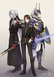 Rule 34 | 3boys, arm up, armor, armored boots, beads, belt, black belt, black coat, black footwear, black gloves, black jacket, black pants, blue armor, blue eyes, boots, breastplate, brown hair, cape, chain, coat, dated, dissidia final fantasy, evil smile, expressionless, facing to the side, facing viewer, fake horns, final fantasy, final fantasy i, final fantasy vii, final fantasy viii, full armor, full body, gloves, grey background, grey hair, gunblade, hand on own hip, helmet, high collar, hiryuu (kana h), holding, holding shield, holding sword, holding weapon, horns, jacket, long coat, long hair, long sleeves, looking to the side, male focus, military uniform, multiple boys, over shoulder, pants, parted bangs, pauldrons, scar, scar on face, seed uniform (ff8), sephiroth, serious, shield, short hair, shoulder armor, shoulder strap, signature, simple background, skirt, smile, squall leonhart, standing, sword, uniform, warrior of light (ff14), weapon, weapon over shoulder, white skirt, wrist cuffs, yellow cape