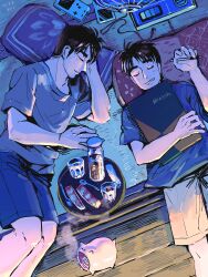Rule 34 | 2boys, black hair, black shorts, brothers, closed eyes, closed mouth, commentary request, cup, dated, electric fan, feet out of frame, game boy, game boy (original), game link cable, grey shirt, handheld game console, highres, holding, holding pencil, holding sketchbook, joukyou seikatsuroku ichijou, kaiji, kayari buta, male focus, medium bangs, mosquito coil, multiple boys, murakami itsuki, murakami tamotsu, open mouth, pencil, pillow, shirt, short hair, shorts, siblings, sketchbook, sleeping, smile, smoke, spoon, tatami, tray, unknown03162, white shorts