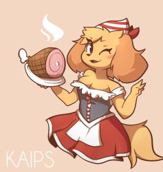 Rule 34 | 1girl, animal ears, animal nose, apron, artist name, bare shoulders, blonde hair, blush, blush stickers, body fur, boned meat, breasts, brown background, cleavage, corset, dog ears, dog girl, dog tail, dress, female focus, food, furry, furry female, ham, hands up, happy, hat, highres, holding, holding plate, jpeg artifacts, kaips, looking at viewer, meat, medium breasts, off-shoulder dress, off shoulder, one eye closed, open mouth, original, plate, red eyes, red hat, short hair, simple background, smile, solo, standing, steam, striped clothes, striped headwear, tail, v, waist apron, watermark, white apron, wink, yellow fur