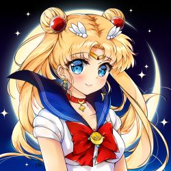 Rule 34 | 10s, 1girl, bishoujo senshi sailor moon, bishoujo senshi sailor moon crystal, blonde hair, blue eyes, blue sailor collar, choker, circlet, crescent, crescent earrings, crescent moon, double bun, earrings, hair ornament, highres, jewelry, moon, nia (leafunia), ribbon, sailor collar, sailor moon, smile, solo, star (symbol), star earrings, tsukino usagi, twintails, upper body