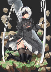 Rule 34 | 1girl, black background, blindfold, boots, breasts, cleavage, cleavage cutout, clothing cutout, grandgua, grass, groin, katana, kneeling, nier (series), nier:automata, no panties, planted, skindentation, solo, sword, thigh boots, thighhighs, thighhighs under boots, weapon, wind, wind lift, 2b (nier:automata)