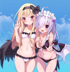 Rule 34 | 2girls, :d, absurdres, ahoge, arm hug, armadillon, barefoot, bikini, black bikini, black wings, blonde hair, blue sky, blush, bow, breasts, copyright request, cowboy shot, day, flat chest, frill trim, frills, front-tie bikini top, front-tie top, hair bow, hair over one eye, hair ribbon, highres, light purple hair, long hair, looking at viewer, low wings, maid headdress, medium breasts, multiple girls, navel, open mouth, outdoors, pink eyes, plaid, pointy ears, purple eyes, ribbon, side-tie bikini bottom, sidelocks, sky, smile, standing, standing on one leg, swimsuit, w, white bikini, wings