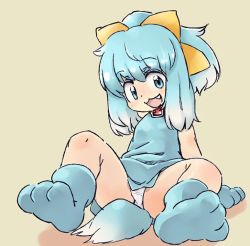 Rule 34 | 1girl, :3, animal hands, blue eyes, blue hair, bow, croixsan, dog tail, dress, fang, female focus, gloves, hair bow, inu-t, nt-tan, open mouth, os-tan, panties, pantyshot, paw gloves, paw shoes, ponytail, shoes, sitting, solo, tail, underwear, white panties, yellow bow