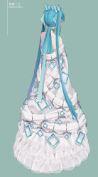 Rule 34 | 1girl, absurdres, aqua bow, aqua hair, aqua ribbon, aqua theme, bare shoulders, blue dress, bow, character name, chinese commentary, choker, christmas, closed eyes, commentary request, dress, frilled dress, frills, from behind, full body, green background, hair bow, hair ribbon, hatsune miku, highres, long hair, off-shoulder dress, off shoulder, pekakiu, ribbon, see-through, simple background, solo, square, standing, striped, striped bow, twintails, very long hair, vocaloid