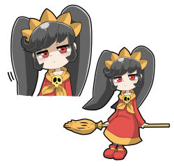 Rule 34 | 1girl, ashley (warioware), black pantyhose, blush, broom, broom riding, closed mouth, dress, female focus, flat chest, full body, hairband, highres, legs together, light blush, long hair, long sleeves, looking at viewer, multiple views, neckerchief, nintendo, orange hairband, orange neckerchief, pantyhose, red dress, red eyes, red footwear, shoes, simple background, sitting, skull, swept bangs, tazonotanbo, twintails, warioware, white background