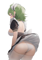 Rule 34 | 1girl, absurdres, ahoge, alternate breast size, alternate costume, apron, back, bare back, black dress, blush, breasts, clothes lift, collei (genshin impact), covered mouth, cowboy shot, dress, dress lift, earrings, enmaided, frilled hairband, frills, from side, genshin impact, green hair, hairband, highres, jewelry, large breasts, looking away, looking to the side, maid, maid apron, maid headdress, median furrow, panties, profile, puffy short sleeves, puffy sleeves, purple eyes, shibuya (kurokamishain), short sleeves, simple background, solo, thighhighs, underwear, white apron, white background, white hairband, white panties, white thighhighs