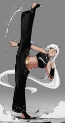 1girl black_pants black_shirt borrowed_character breasts clenched_hand closed_mouth commentary crack cracked_floor crop_top dark-skinned_female dark_skin english_commentary expressionless full_body gauntlets grey_background halterneck highres ice_(10222) long_hair looking_up navel original pants shagal_(gogalking) shirt simple_background solo split standing standing_on_one_leg standing_split stirrup_legwear toeless_legwear very_long_hair white_hair yellow_eyes