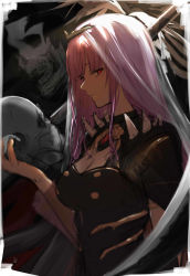 Rule 34 | 1girl, black cloak, black dress, breasts, brooch, cleavage, cloak, death (entity), dress, from side, highres, holding, holding skull, hololive, hololive english, isshiki (ffmania7), jewelry, lips, long hair, looking at viewer, medium breasts, mori calliope, pink eyes, pink hair, profile, scythe, skeleton, skull, spikes, straight hair, tiara, upper body, veil, virtual youtuber