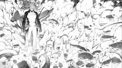 Rule 34 | 12v, 1boy, arms at sides, bodysuit, covered eyes, debris, explosion, floating clothes, floating hair, greyscale, hair over eyes, highres, long hair, male focus, monochrome, original, solo, standing, waist cape