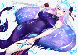 Rule 34 | 1girl, absurdres, alcohol, bare shoulders, blue dress, blue fire, blue hair, blush, body markings, bracelet, breasts, cup, detached sleeves, dress, drinking glass, earrings, faraway0128zz, fate/grand order, fate (series), fire, flower, hair flower, hair ornament, hair ribbon, highres, jewelry, kama (fate), kama (swimsuit avenger) (fate), kama (swimsuit avenger) (third ascension) (fate), large breasts, long hair, looking at viewer, lotus, multicolored hair, open mouth, red eyes, ribbon, side slit, smile, solo, star (symbol), star earrings, thighs, two-tone hair, white background, white hair, wine, wine glass