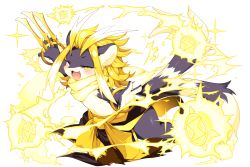 Rule 34 | 1boy, antenna hair, blonde hair, blush, bracelet, claw (weapon), electricity, fang, full body, fullbokko heroes, highres, holding, holding weapon, jewelry, kishibe, long hair, looking at viewer, multiple tails, official art, one eye closed, outstretched arms, raiju (fullbokko heroes), scarf, simple background, tail, weapon, white background, yellow theme