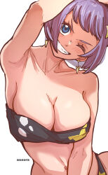 Rule 34 | 1girl, aosora2823, armpits, artist name, bare shoulders, bikini, black bikini, blue eyes, blush, breasts, carina (one piece), clenched teeth, collarbone, commentary request, earrings, grin, highres, jewelry, large breasts, looking at viewer, navel, one eye closed, one piece, one piece film: gold, short hair, simple background, smile, solo, swimsuit, teeth, white background