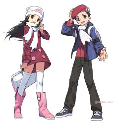 Rule 34 | 1boy, 1girl, absurdres, adjusting clothes, adjusting headwear, arm up, artist name, backpack, bag, beanie, black eyes, black hair, black pants, blue eyes, blue jacket, boots, bracelet, bum hico, coat, creatures (company), dawn (pokemon), duffel bag, flat chest, full body, game freak, grey footwear, hair ornament, hairclip, hand up, happy, hat, highres, holding, jacket, jewelry, long hair, long sleeves, lucas (pokemon), matching hair/eyes, nintendo, open mouth, outstretched arm, pants, pink footwear, poke ball symbol, poke ball theme, pokemon, pokemon dppt, pokemon platinum, red coat, red hat, red shirt, scarf, shirt, short hair, simple background, smile, standing, teeth, thighhighs, twitter username, waving, white background, white hat, white scarf, white thighhighs, winter clothes
