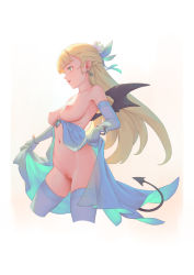 Rule 34 | 1girl, bigrbear, blonde hair, blue eyes, blue gloves, blue thighhighs, bottomless, bracelet, breasts, cropped legs, demon tail, demon wings, earrings, elbow gloves, flower, gloves, hair flower, hair ornament, highres, jewelry, long hair, medium breasts, nipples, original, pointy ears, pussy, revealing clothes, simple background, solo, tail, thighhighs, uncensored, white background, wings