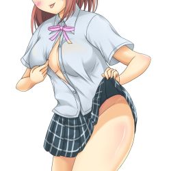 Rule 34 | 10s, 1girl, blush, breasts, brown hair, cleavage, cleavage reach, clothes lift, hair ornament, large breasts, looking at viewer, love live!, love live! school idol festival all stars, nijigasaki academy school uniform, no bra, no panties, nodoca prhythm, one eye closed, school uniform, simple background, skirt, skirt lift, smile, solo, standing, thighhighs, tongue, tongue out, torn clothes, uehara ayumu, white background