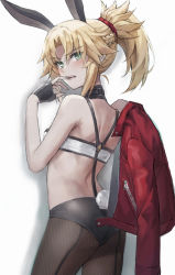 Rule 34 | 1girl, animal ears, ass, back, bandeau, bare shoulders, black gloves, black panties, blonde hair, braid, breasts, brown pantyhose, fate/apocrypha, fate (series), fingerless gloves, fishnet pantyhose, fishnets, french braid, gloves, green eyes, hair ornament, hair scrunchie, highres, jacket, unworn jacket, jewelry, leotard, long hair, looking at viewer, looking back, mordred (fate), mordred (fate/apocrypha), necklace, nontraditional playboy bunny, open mouth, panties, pantyhose, playboy bunny, ponytail, rabbit ears, rabbit tail, red jacket, red scrunchie, revision, scrunchie, sidelocks, simple background, small breasts, solo, tail, thighs, tonee, underwear