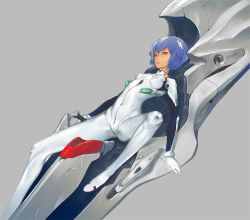 Rule 34 | 1girl, ayanami rei, blue hair, breasts, cockpit, entry plug, interface headset, long legs, md5 mismatch, mecha, neon genesis evangelion, plugsuit, red eyes, redjuice, resolution mismatch, robot, science fiction, short hair, small breasts, solo, source larger, spread legs