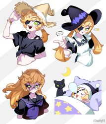 Rule 34 | ..., 1girl, animal ears, apron, arm behind back, arm up, black cat, black shirt, blanket, blonde hair, bracelet, buttons, cat, cat ears, closed eyes, crescent, curly hair, donuttypd, expressions, eyepatch, gabrielle (donuttypd), glasses, grabbing, green eyes, hand on headwear, hand up, hat, highres, jewelry, knot, long hair, looking at another, looking at viewer, looking down, looking to the side, looking up, lying, magician, maid, maid apron, medium hair, moon, no headwear, nose bubble, open mouth, original, pillow, pointing, ponytail, puffy short sleeves, puffy sleeves, round eyewear, sailor collar, scar, school uniform, shaded face, shirt, short sleeves, sleeping, smile, star (symbol), straw hat, striped, striped background, whiskers