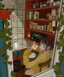 Rule 34 | 1girl, alcohol, black cat, book, brown hair, butter, butter knife, cat, chair, coffee, darico, eating, eyeball, flower, food, fried egg, fried egg on toast, glass bottle, highres, honey, open window, original, oven, plant, plate, poison, potted plant, red nails, salad, scissors, shelf, shirt, sitting, table, tile wall, tiles, toast, vines, white flower, window, wooden chair, wooden table, yellow eyes, yellow shirt