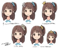Rule 34 | 1girl, blue bow, blue bowtie, bow, bowtie, brown eyes, brown hair, closed mouth, copyright request, crown, flower, hair flower, hair ornament, kotatsu (g-rough), long hair, looking at viewer, multiple views, one side up, simple background, smile, translation request, white background
