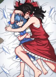 Rule 34 | 2girls, ascot, bare shoulders, barefoot, black hair, blue bow, blue eyes, blue hair, blue skirt, blue vest, bow, breasts, chest sarashi, cirno, closed eyes, closed mouth, commentary, detached wings, dress, english commentary, foot out of frame, formicid, frilled bow, frilled hair tubes, frilled skirt, frills, from side, full body, hair between eyes, hair bow, hair tubes, hakurei reimu, hot, japanese clothes, long hair, lying, medium hair, multiple girls, nontraditional miko, on back, on bed, open mouth, puffy short sleeves, puffy sleeves, red bow, red shirt, red skirt, sarashi, shirt, short sleeves, sidelocks, skirt, skirt set, sleeveless, sleeveless shirt, small breasts, sweat, touhou, vest, white shirt, wings, yellow ascot