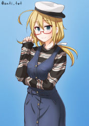 Rule 34 | 1girl, alternate costume, anti (untea9), black shirt, blonde hair, blue background, blue eyes, blue overalls, breasts, cowboy shot, glasses, hair between eyes, hair ribbon, hat, highres, i-8 (kancolle), kantai collection, large breasts, long sleeves, low twintails, overalls, peaked cap, red-framed eyewear, ribbon, semi-rimless eyewear, shirt, simple background, solo, striped clothes, striped shirt, twintails, twitter username, white ribbon