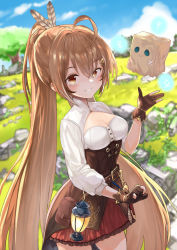 Rule 34 | 1girl, :d, ahoge, belt, blurry, blurry background, boulder, breasts, brown hair, center opening, cleavage, clenched hand, cloud, corset, crossed bangs, dagger, feather hair ornament, feathers, floating, friend (nanashi mumei), frilled skirt, frills, gloves, gold trim, grass, hair between eyes, hair ornament, hairclip, highres, hololive, hololive english, knife, lantern, long hair, long sleeves, mg42cat-k1ng, nanashi mumei, open mouth, owl girl, partially fingerless gloves, ponytail, pouch, red skirt, rock, sidelocks, skirt, sky, smile, solo, standing, teeth, tree, twintails, very long hair, virtual youtuber, weapon, yellow eyes, zipper pull tab