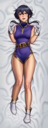 Rule 34 | 1girl, absurdres, areola slip, assertive female, bed, bed sheet, belt, blush, boots, breasts, commission, commissioner upload, covered erect nipples, earrings, fire emblem, fire emblem: genealogy of the holy war, gloves, highres, holding, holding clothes, jewelry, larcei (fire emblem), looking at viewer, lying, mangho, nintendo, on back, on bed, open mouth, pubic hair, purple tunic, sideboob, sidelocks, smile, smug, solo, thighs, tomboy, tunic, unworn clothes