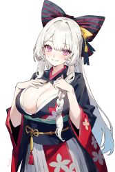 Rule 34 | 1girl, black bow, black kimono, blush, bow, braid, breasts, cleavage, closed mouth, commentary, cut bangs, floral print, grey hair, hair bow, hand on own chest, head tilt, highres, japanese clothes, kimono, large breasts, long hair, looking at viewer, multicolored clothes, multicolored kimono, obi, obijime, open clothes, open kimono, original, pink eyes, print kimono, red kimono, sash, simple background, single braid, smile, solo, standing, upper body, white background, wide sleeves, y uunaa
