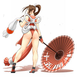 Rule 34 | 1girl, ass, back, bad id, bad pixiv id, brown eyes, brown hair, ex hk, fatal fury, from behind, highres, long hair, oil-paper umbrella, parasol, pelvic curtain, ponytail, revealing clothes, rope, shadow, shiranui mai, snk, solo, the king of fighters, umbrella