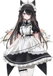Rule 34 | 1girl, :&gt;, ahoge, animal ears, apron, arm at side, black hair, black ribbon, bridal garter, chiemo (xcem), closed mouth, cowboy shot, curtsey, dress, eyebrows hidden by hair, flower, frilled dress, frills, gloves, hair over one eye, highres, legs together, light blush, long hair, looking at viewer, maid, maid apron, maid headdress, neck ribbon, one eye covered, original, pantyhose, purple eyes, ribbon, simple background, smile, solo, standing, swept bangs, thigh strap, thighs, white background, white gloves, white pantyhose