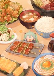 Rule 34 | 1girl, absurdres, amakawa tamawo, aqua hair, bowl, chibi, chicken (food), closed eyes, food, food focus, food request, fried chicken, hands up, hatsune miku, highres, meat, mini person, minigirl, noodles, open mouth, plate, rice, rice bowl, shadow, skewer, solo, soy sauce, steam, twintails, vegetable, vocaloid