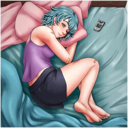 Rule 34 | 1girl, absurdres, aqua hair, bags under eyes, bandaid, bandaid on arm, bandaid on knee, bandaid on leg, bare legs, barefoot, bed, black shorts, blue hair, blush, border, breasts, bruise, cellphone, commentary, draco9625, english commentary, feet, flip phone, green eyes, highres, injury, katawa shoujo, legs, light smile, looking at viewer, lying, midriff peek, on bed, on side, one eye closed, phone, pillow, purple tank top, short hair, shorts, small breasts, solo, suzuki suzu, tank top, toes, white border