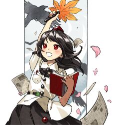 Rule 34 | 1girl, :d, animal, belt, bird, black belt, black skirt, buttons, collared shirt, crow, floating hair, happy, hat, hauchiwa, highres, holding, holding notebook, kaigen 1025, medium hair, newspaper, notebook, open mouth, pen, phantasmagoria of flower view, pocket, puffy short sleeves, puffy sleeves, red eyes, red hat, shameimaru aya, shirt, short sleeves, skirt, smile, solo, tokin hat, touhou, upper body, white shirt