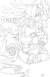 Rule 34 | 2girls, armpits, asymmetrical wings, belt, breasts, character name, crossed arms, dated, dizzy (guilty gear), english text, greyscale, guilty gear, guilty gear x, guilty gear xx, hair ribbon, hesuke, high heels, large breasts, long hair, looking at viewer, monochrome, monster girl, multiple girls, necro (guilty gear), ribbon, signature, simple background, sketch, tail, tail ornament, tail ribbon, thick thighs, thigh strap, thighhighs, thighs, twintails, undine (guilty gear), wings