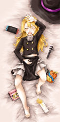 Rule 34 | 1girl, barefoot, black hat, black jacket, black skirt, blonde hair, blush, chips (food), closed eyes, commentary request, cookie (touhou), cup, food, full body, haiperion buzan, hat, highres, jacket, long hair, long sleeves, mars (cookie), microphone, nintendo switch, open mouth, petticoat, potato chips, rei (cookie), skirt, smile, solo, spill, touhou, witch hat