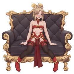 1girl absurdres armor bare_shoulders bra braid breasts choker couch fate/grand_order fate_(series) faulds green_eyes hair_ornament hair_scrunchie half_up_braid highres mordred_(fate) mordred_(fate/apocrypha) navel pelvic_curtain red_bra red_scrunchie red_sleeves sarhce scrunchie sitting small_breasts thighhighs transparent_background underwear white_background