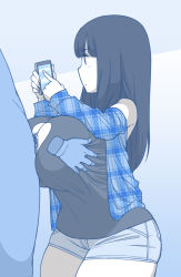 Rule 34 | 1girl, black hair, blue theme, blunt bangs, blush, grabbing another&#039;s breast, breasts, cellphone, closed mouth, clothed female nude male, clothed paizuri, denim, denim shorts, disembodied hands, disembodied limb, ekz (robotekz), emotionless sex, grabbing, hetero, highres, holding, holding phone, large breasts, long hair, long sleeves, male pubic hair, monochrome, multitasking, nude, off shoulder, open clothes, open shirt, original, paizuri, paizuri under clothes, penis, perpendicular paizuri, phone, plaid, plaid shirt, profile, pubic hair, shirt, short shorts, shorts, sketch, smartphone, solo focus, uncensored, unmoving pattern
