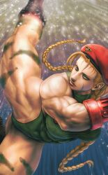 Rule 34 | 1girl, abs, bare shoulders, blonde hair, blue eyes, boots, braid, breasts, cammy white, hat, highres, kagerou zombie, kicking, large breasts, leotard, long hair, muscular, muscular female, sleeveless, standing, standing on one leg, street fighter