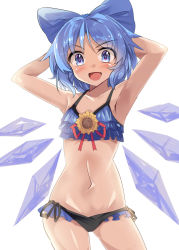 Rule 34 | &gt;:d, 1girl, :d, armpits, arms behind head, arms up, bikini, black ribbon, blue bikini, blue bow, blue eyes, blue hair, blush, bow, cirno, collarbone, commentary request, contrapposto, cowboy shot, dark-skinned female, dark skin, detached wings, e.o., female focus, flat chest, flower, frilled bikini, frills, hair bow, hidden star in four seasons, highres, ice, ice wings, navel, open mouth, red ribbon, revision, ribbon, shiny skin, short hair, side-tie bikini bottom, simple background, smile, solo, standing, stomach, sunflower, swimsuit, tan, tanned cirno, tareme, thighs, touhou, v-shaped eyebrows, white background, wings