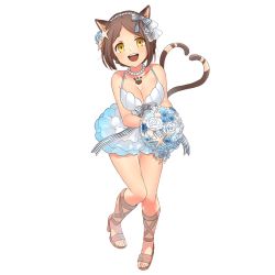 Rule 34 | 1girl, animal ears, bead necklace, beads, bouquet, breasts, brown hair, cat ears, cat girl, cat tail, cleavage, dress, flower, full body, hair ribbon, holding, holding flower, jewelry, large breasts, looking at viewer, multiple tails, necklace, nekomata (youkai hyakki-tan!), official art, open mouth, parted bangs, paw print, ribbon, shell hair ornament, short hair, solo, starfish hair ornament, tail, teeth, thick eyebrows, transparent background, upper teeth only, yellow eyes, youkai hyakki-tan!