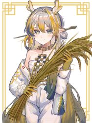 Rule 34 | 1girl, absurdres, arknights, bare shoulders, beads, blonde hair, border, closed mouth, commentary request, cowboy shot, dragon girl, dragon horns, earrings, grey eyes, grey hair, grey horns, hair between eyes, hair intakes, hakaimoufu, highres, holding, holding plant, horns, jacket, jewelry, long hair, long sleeves, looking at viewer, multicolored hair, necklace, off shoulder, open clothes, open jacket, ornate border, pants, plant, pointy ears, sheaf, shu (arknights), simple background, smile, solo, standing, very long hair, wheat, white background, white jacket, white pants, yellow horns
