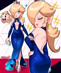 Rule 34 | 1girl, absurdres, alternate costume, artist name, ass, backless dress, backless outfit, bare shoulders, black eyes, blonde hair, blue bow, blue bowtie, blue dress, blue eyes, blue gemstone, blue nails, blue sleeves, blush, bow, bowtie, breasts, brooch, center opening, cleavage cutout, closed eyes, closed mouth, clothing cutout, cowboy shot, crown, detached sleeves, dress, earrings, eyewear on head, female focus, from behind, full body, gem, grey footwear, grey headwear, hair over one eye, hand on own hip, happy, heart, highres, holding, jewelry, lips, long hair, long sleeves, looking to the side, luma (mario), mario (series), medium breasts, multiple views, nail polish, navel, nintendo, no mouth, one eye closed, one eye covered, outline, parted lips, red gemstone, rosalina, sarukaiwolf, shoes, signature, smile, sparkle, standing, star-shaped eyewear, star (symbol), teeth, traditional bowtie, u u, white background, white outline, wink, yellow-framed eyewear, yellow gemstone