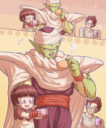 Rule 34 | 1girl, 2boys, black eyes, black hair, cape, child, coffee, coffee cup, coffee mug, colored skin, commentary request, cup, disposable cup, dragon ball, dragon ball super, dragon ball super super hero, drink, english text, father and daughter, green skin, highres, holding, koukyouji, mug, multiple boys, open mouth, pan (dragon ball), piccolo, pointy ears, shirt, short hair, son gohan, spiked hair, steam, tongue, tongue out, turban
