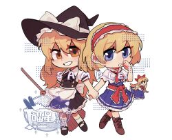 Rule 34 | 2girls, alice margatroid, apron, black dress, blonde hair, blue eyes, broom, brown eyes, chibi, chinese commentary, commentary request, commission, dress, english text, full body, hairband, hat, highres, holding, holding broom, holding hands, kirisame marisa, long hair, looking at viewer, meowzng, multiple girls, puffy short sleeves, puffy sleeves, sample watermark, shanghai doll, shoes, short hair, short sleeves, simple background, smile, touhou, waist apron, watermark, white background, witch hat