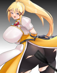 Rule 34 | 1girl, absurdres, armor, armored dress, ass, blonde hair, blue eyes, breastplate, breasts, chain, darkness (konosuba), dress, from behind, hair ornament, highres, huge ass, jrpulse, kono subarashii sekai ni shukufuku wo!, large breasts, long hair, looking at viewer, looking back, naughty face, open mouth, pantyhose, ponytail, shiny clothes, sideboob, skindentation, smile, solo focus, spanked, very long hair